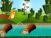 Playing the free online platformer game Beaver River Dance, jumping the cute beaver from a moving log to another log