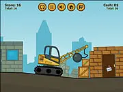 The Crash The City online game screen showing a wrecking crane swinging a large metal ball at a tower built from wooden and stone blocks.