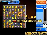 Screenshot of the Fruty Shapes match 3 free game showing a grid of colorful organic fruits like strawberries, bananas, and grapes ready to be swapped