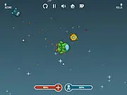 Screenshot of Rocket Game free online space shooter, showing a small player rocket surrounded by multiple enemy alien ships and laser fire
