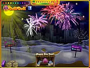 Toto's New Year Fireworks game image showing the cute Toto character in front of a night sky filled with colorful exploding fireworks