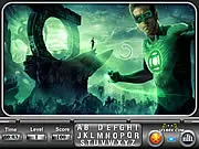 The Green Lantern character standing next to a magnified area highlighting a nearly invisible hidden alphabet letter in the free online puzzle game