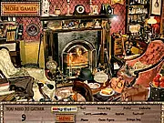 Sherlock Holmes Baker Street Museum hidden object game screen showing the famous 221B study, cluttered with Victorian items and magnifying glasses to be searched.