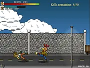 Screenshot of Midtown Beatdown showing a yellow, human-sized chicken character fighting a generic bad guy in a downtown street environment.