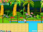 Screenshot of Rainbow Rabbit 2 online game featuring the rabbit character Little C jumping over a colorful obstacle