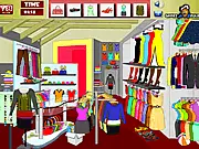 Screenshot of the game Dress Shop Hidden Objects, showing various clothing and accessories inside a stylish boutique, with a list of items to find.