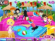 Screenshot from Play with Dolphins free online game showing a decorated pool area with a girl and a dolphin wearing accessories.