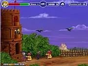 Screenshot of Duncan Castle Defense free online game, showing a character on a castle wall shooting at a mix of ground zombies and flying mythical beasts