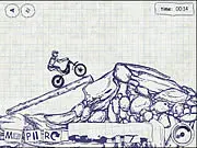 A screenshot from the Notebook Trial game showing a dirt bike rider navigating a treacherous ramp on a level designed to look like a drawing on graph paper.