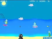 Screenshot of Summer Saviour online game featuring SAS Duck flying through the sky and shooting down large rain clouds