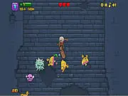 Gameplay screenshot of Knightmare Tower showing a heroic knight mid-air, surrounded by cartoon monsters, about to perform a downward slash to gain height.