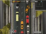 Stuck in Traffic game screen showing a small car trying to maneuver between two rows of closely parked vehicles, emphasizing the tight fit and challenging parking scenario