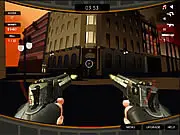 Commando Attack game screenshot showing a soldier aiming a weapon at a group of terrorists in a cityscape, free online shooting game