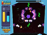 The game screen of Rocket Pop, showing a rocket being launched into a maze of pegs and bumpers