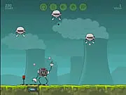Screenshot of Screws and Robots online game showing a spaceship shooting flying robots and collecting screws in an arcade style