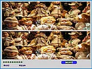 Screenshot of DiffSpotter 2 In The Shop game, showing two very similar pictures of a store or market for the player to find 10 differences in the online puzzle.