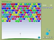 Screenshot of the Happy Bubbles online game, showing a cannon launching a bubble towards a cluster of colorful bubbles in an arcade puzzle game setting.