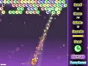 Screenshot of the Violet Sky Bubble Shooter online game, showing the player controlling a launched bubble mid-flight against a violet backdrop with clusters of colored bubbles.
