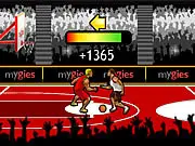 Character performing a spinning, mid-air dunk in the Crazy Streetball Trick online game