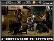 Screenshot from The Crazies Find the Alphabets online game, showing a highly detailed and cluttered scene with a few hidden letters faintly visible.