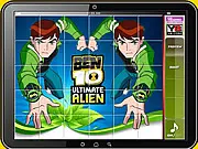 Free online game thumbnail of Ben 10 Puzzle Game showing a partially completed jigsaw puzzle image of Ben Tennyson activating the Omnitrix while standing next to the alien hero Four Arms.
