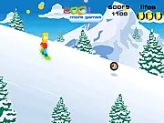 Free Bart Snowboarding online game screenshot showing Bart on a snowboard, jumping a ramp over snow-covered mountains while collecting gold medals.