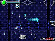 Screenshot of the Xenos free online game showing the Asterus battle-suit character fighting a large, deadly robot boss amidst dodging laser beams in a mechanical city environment.