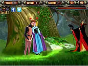 Gameplay screenshot from Kissing Sleeping Beauty showing the Prince and Princess kissing while an angry-looking dragon and an old woman look away, moments before they might catch the couple.