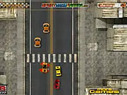 Screenshot of Mad Taxi Driver free online game, a yellow cab ramming into another car on a city street