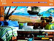 The cluttered room of a pirate captain with hidden letters scattered around the scene in the free online game Pirate Captain Hidden Alphabets