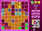 Screenshot of the Crystal Lines online game board, showing a grid filled with different colored crystals on top of golden tiles, with a line of three matching crystals highlighted