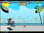 Skate Horses game screen, showing a horse on roller skates preparing to jump a ramp