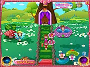 Gameplay screenshot of Princess Beauty Spells showing a busy enchanted spa with fairy customers waiting and a character rushing to service a customer at a hairstyling station.