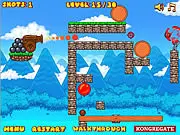 Kaboomz 3 game screenshot showing a cannon aiming at a structure with balloons and chains, free online physics shooter game