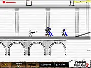 Zombie Balloon Heads 3 screenshot, a stick-figure character shooting ink at zombies with balloon-like heads, drawn on notebook paper
