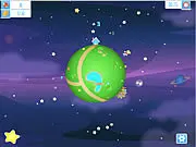 Gameplay screenshot of Star Drops Game showing the player character running on a small, spherical planet, collecting a glowing gem in a space environment.