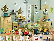 Tots Room game screenshot showing a colorful child's room cluttered with toys and hidden objects to find, free online point and click game