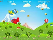 Little Planes game screenshot showing Joby The Cargoplane flying in the sky to collect cargo boxes and avoid enemy aircraft, free online delivery game