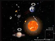 Solaris game screen showing a central sun star with planets and moons orbiting, defending against incoming space objects
