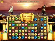 Screenshot of the Sea Journey Match 3 game showing gems on a grid and a small pirate ship firing cannons at an enemy ship