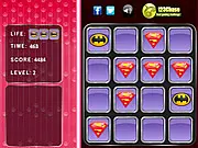 Superman Logo Memory Match game screen showing a grid of the iconic red and yellow 'S' logos with a highlighted pattern to memorize, free memory game online.