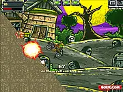 The Zombie ATV game screen showing a cartoon zombie riding a quad bike (ATV) at high speed across a desert landscape while trying to escape.
