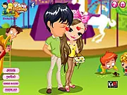 Screenshot of the Kiss In The Park 2 Dress Up game showing the character Sarah ready to be styled with various fashionable clothes and accessories for a romantic park date.