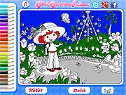 Online art game screenshot for Nature Coloring Fun, showing a beautiful, partially colored nature scene with trees, flowers, and a sun