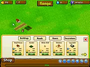 Play Village Fun free online building game. Screenshot of a cozy village with houses, rivers, and trees.