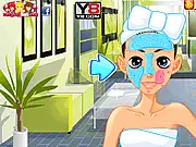 Screenshot of Fresh Start Back to School game, showing a character receiving a facial beauty treatment and trying on new clothes, free online fashion and makeover game.