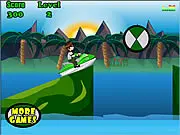 Ben 10 riding a green and white jetski across blue water, navigating to collect floating point tokens.