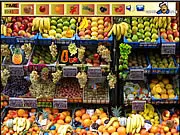 Fruit Shop Hidden Objects free online game screenshot showing a picture of a shop filled with fruit and other hidden items
