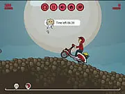 Moto Star Hunting online game showing a motorcyclist riding an upgraded dirt bike on a rocky hill searching for a collectible star.