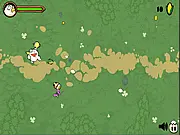 Gameplay screen of Crazy Chicks Shooter, showing the character Chuck and his minions shooting at cute, frantic creatures in a fast-paced action scene